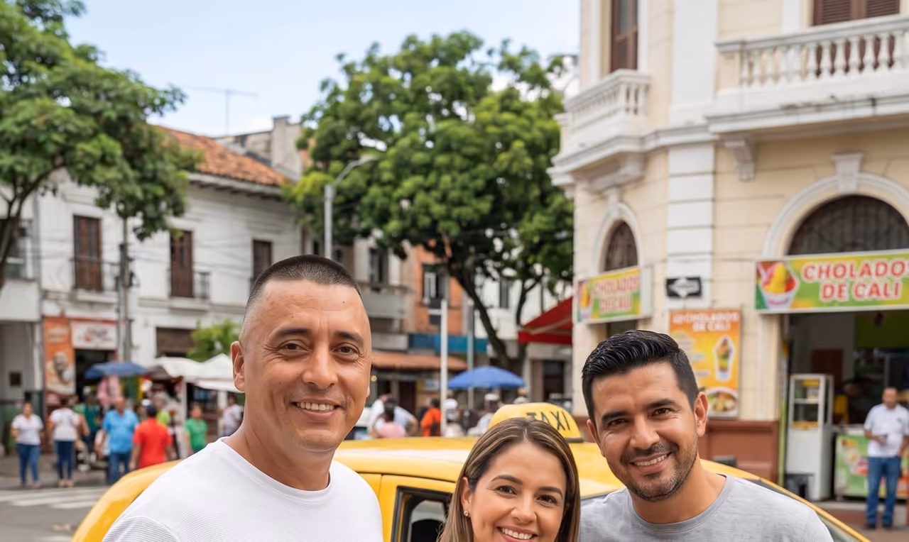 Don Fernando con clientes durante un servicio de conductor privado en Cali
