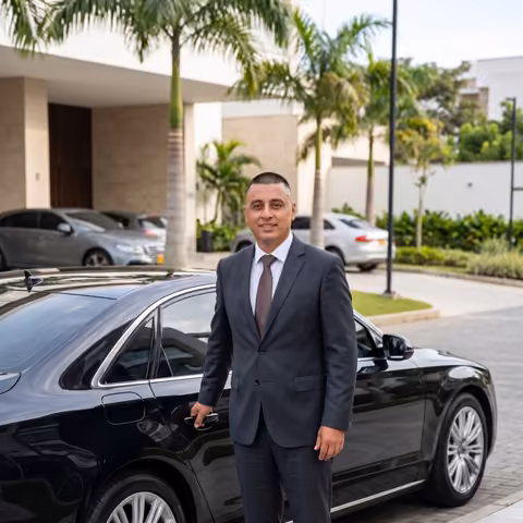 Don Fernando junto a un vehículo corporativo para transporte ejecutivo en Cali