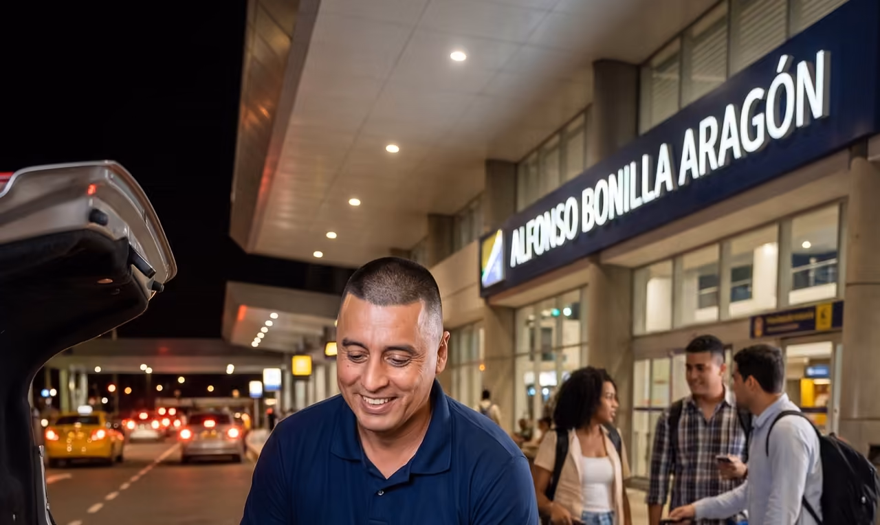 Don Fernando cargando equipaje para un traslado al Aeropuerto Alfonso Bonilla Aragón