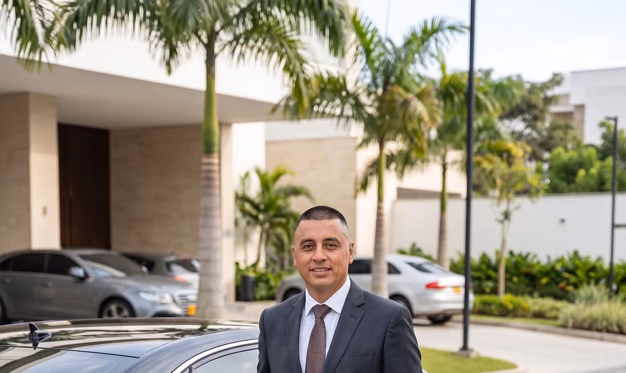 Don Fernando con traje formal para un servicio de transporte ejecutivo en Cali
