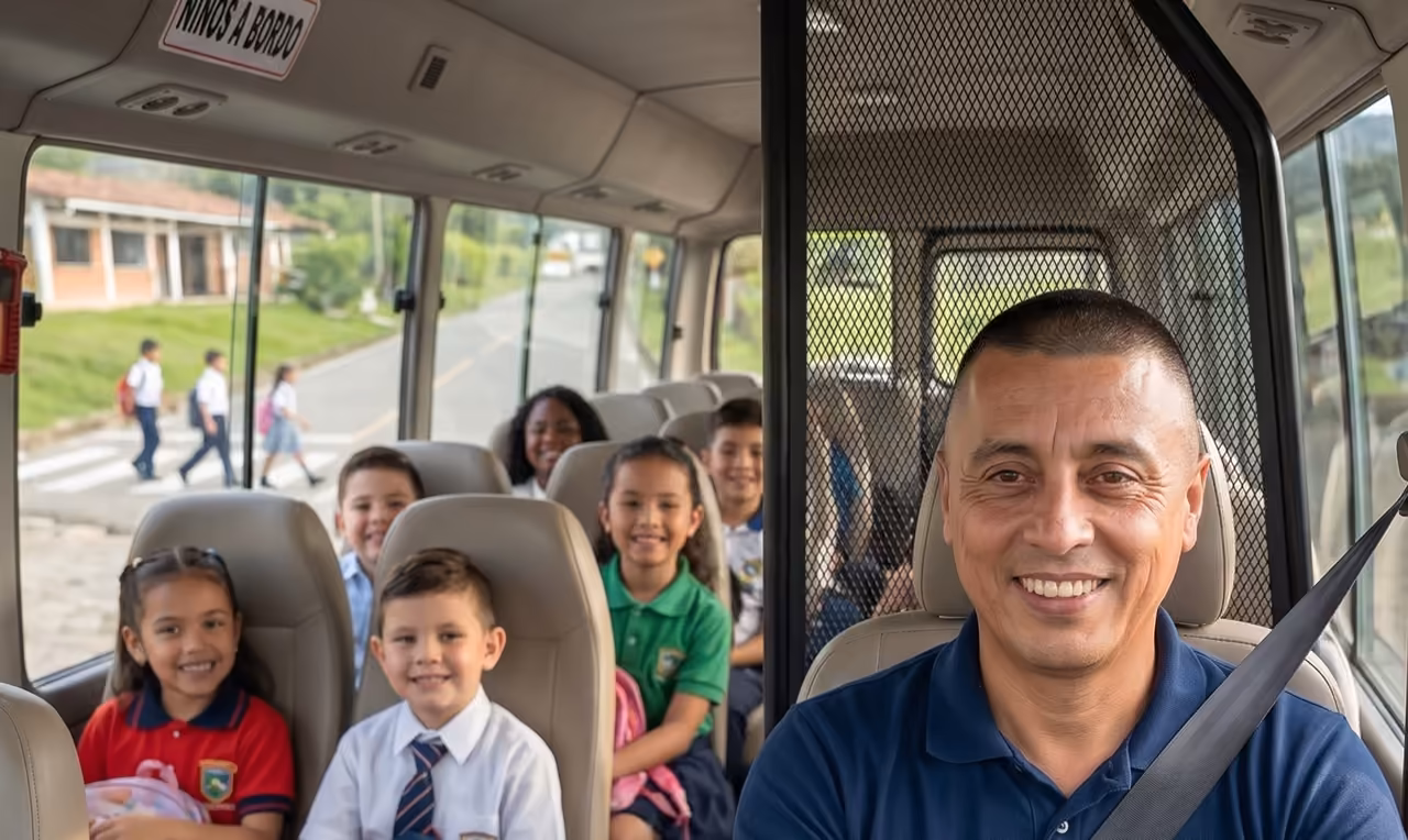 Don Fernando al volante de transporte escolar, con niños usando cinturón de seguridad en Cali